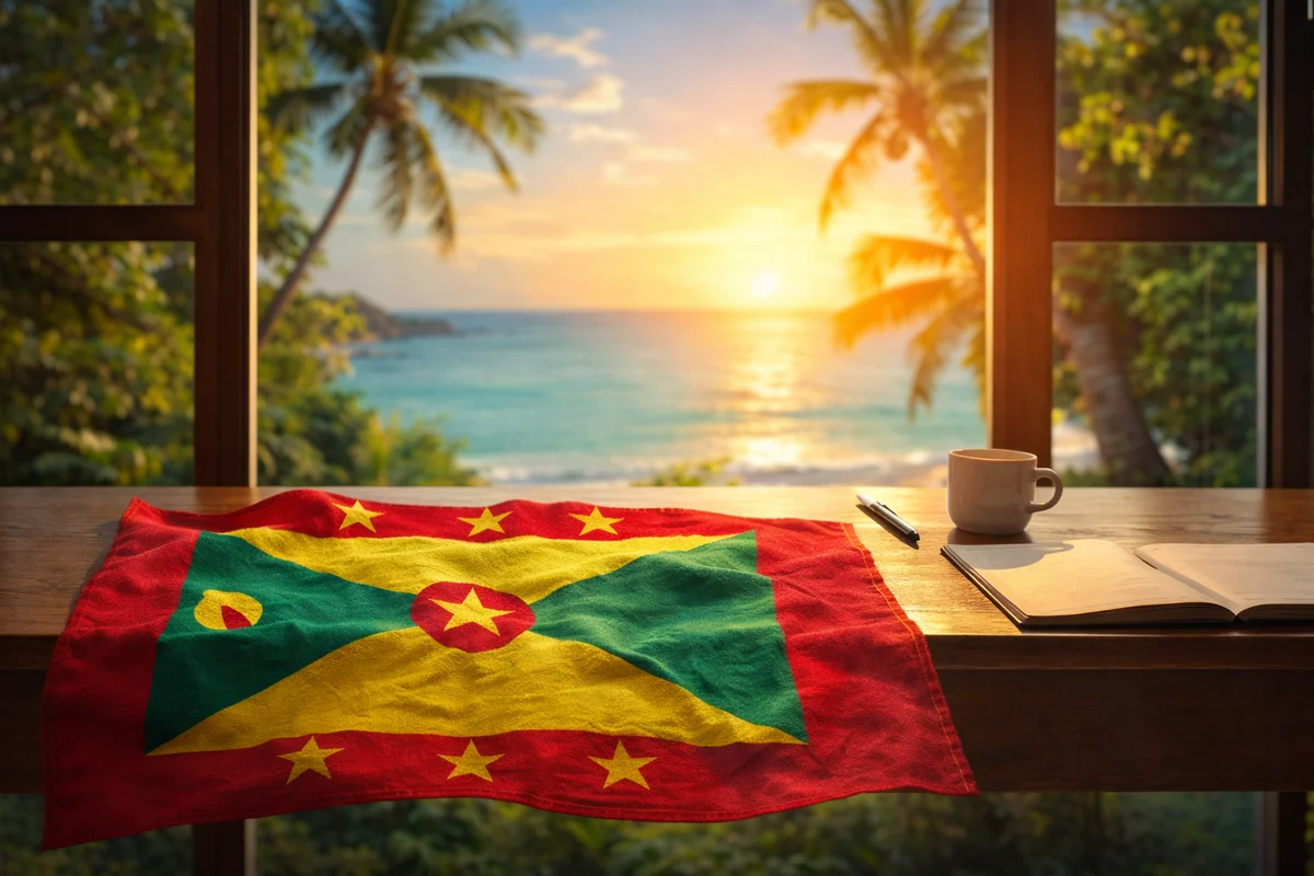 Granada: escritorio con bandera texturizada y un paisaje icónico caribeño al fondo
