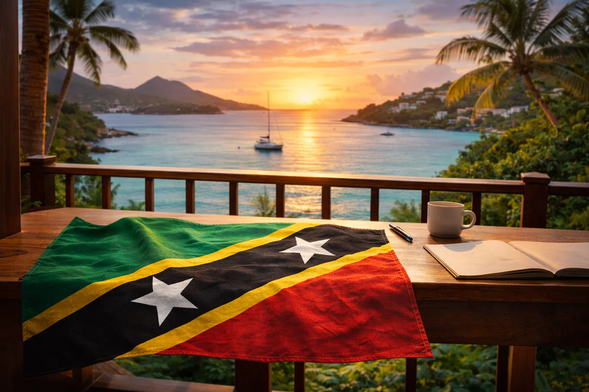 St. Kitts & Nevis: bandera texturizada y costa/puerto icónico al fondo