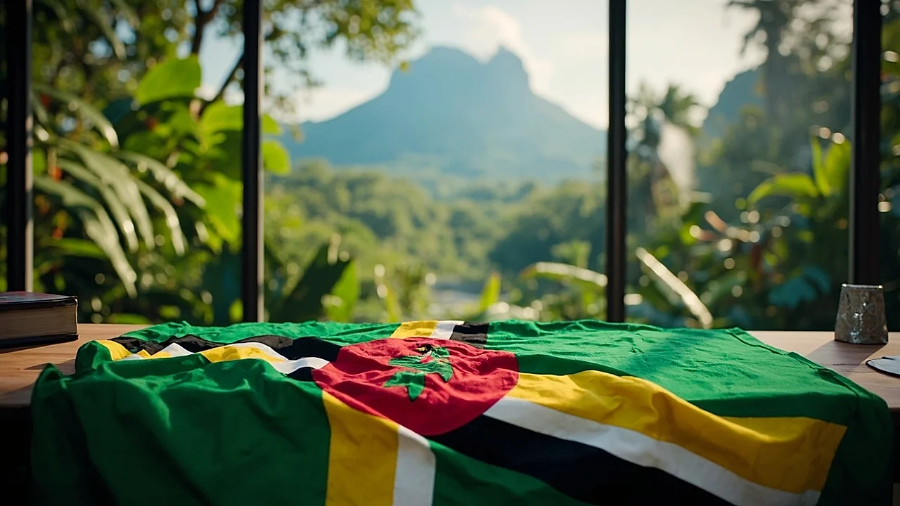 Dominica: bandera texturizada en mesa y selva/cascada icónica al fondo