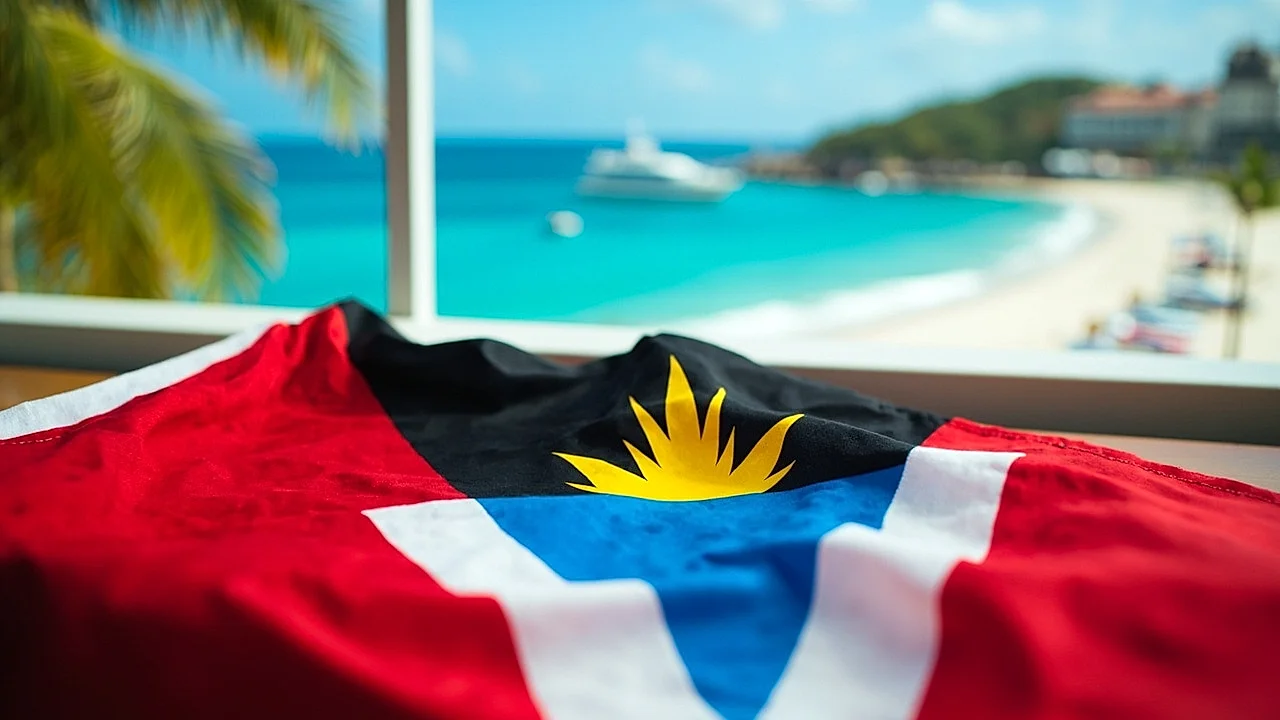 Antigua y Barbuda: bandera texturizada y mar turquesa/puerto icónico al fondo
