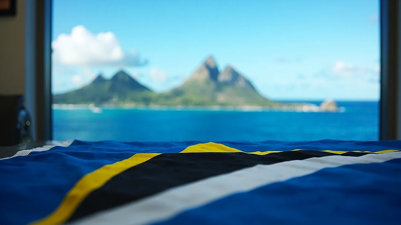 Santa Lucía: bandera texturizada y los Pitons icónicos al fondo