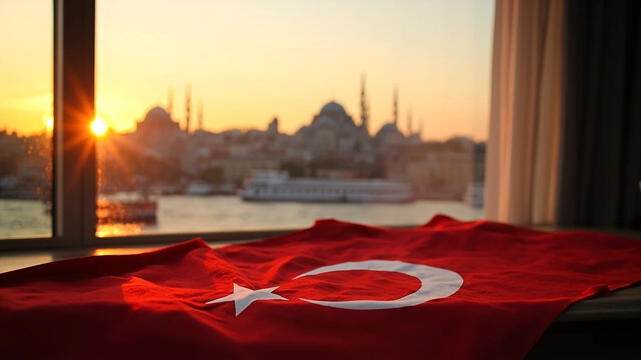 Turquía: bandera turca texturizada sobre escritorio y un ícono de Estambul al fondo