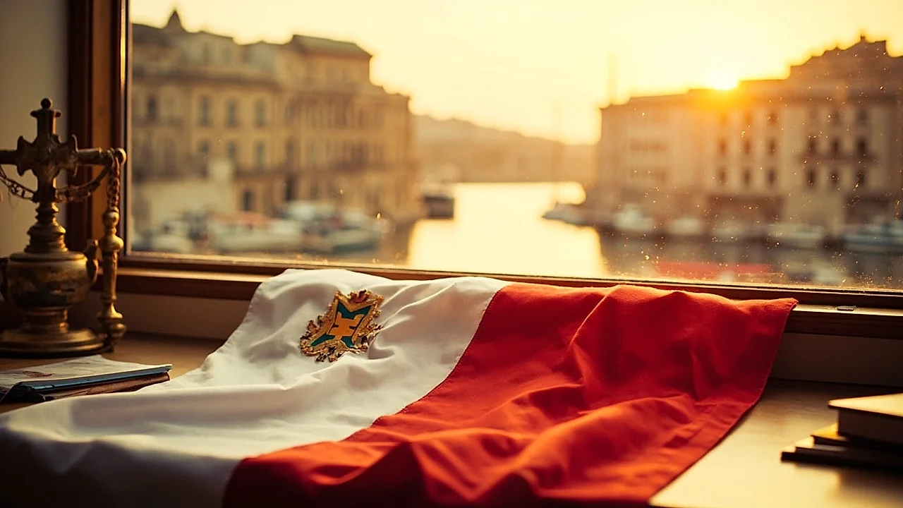 Malta: bandera texturizada y La Valeta/puerto icónico al fondo