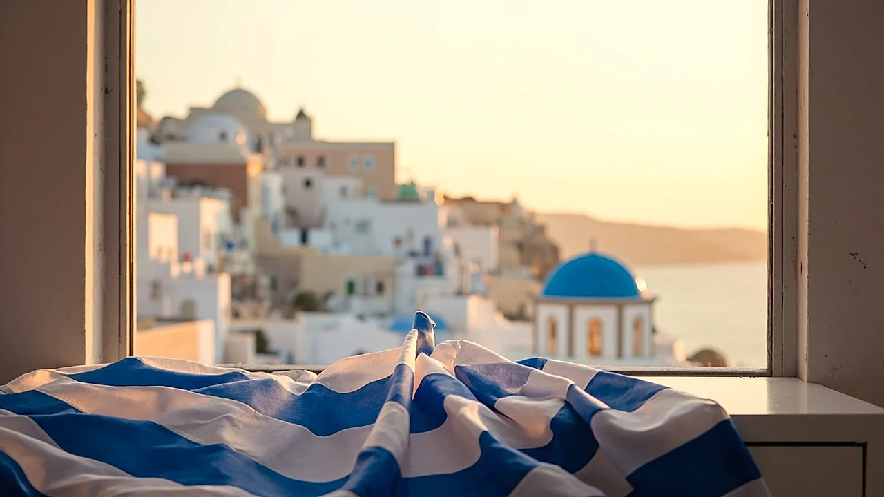 Grecia: bandera texturizada y un ícono de Atenas/Santorini al fondo