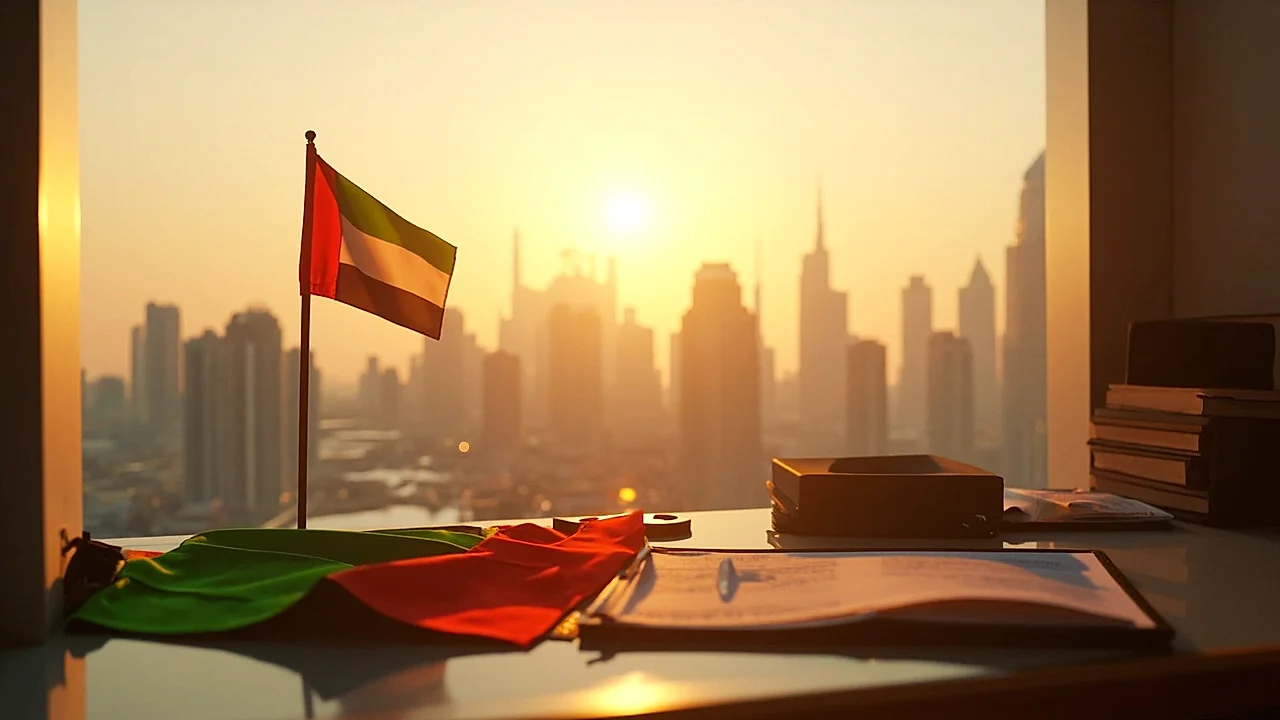 EAU: bandera texturizada y skyline icónico de Dubái/Abu Dabi al fondo