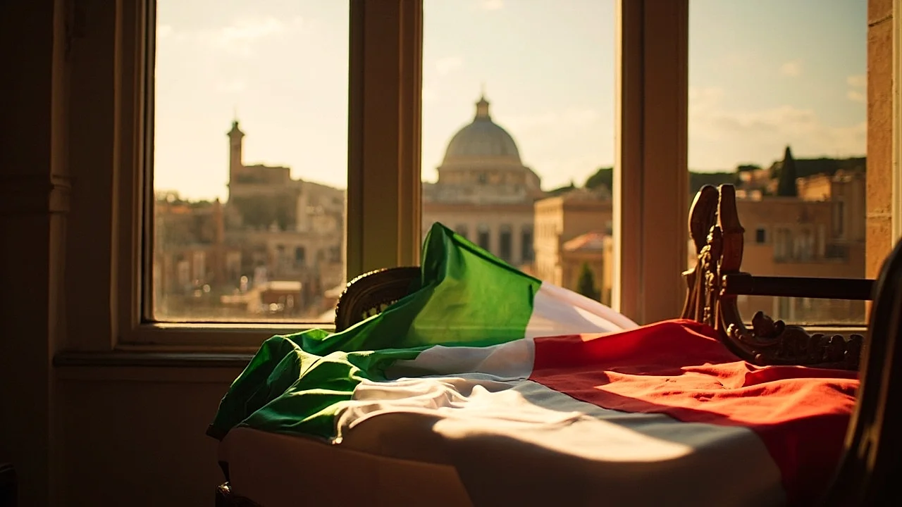 Italia: bandera texturizada y un ícono de Roma/Milán/Florencia al fondo