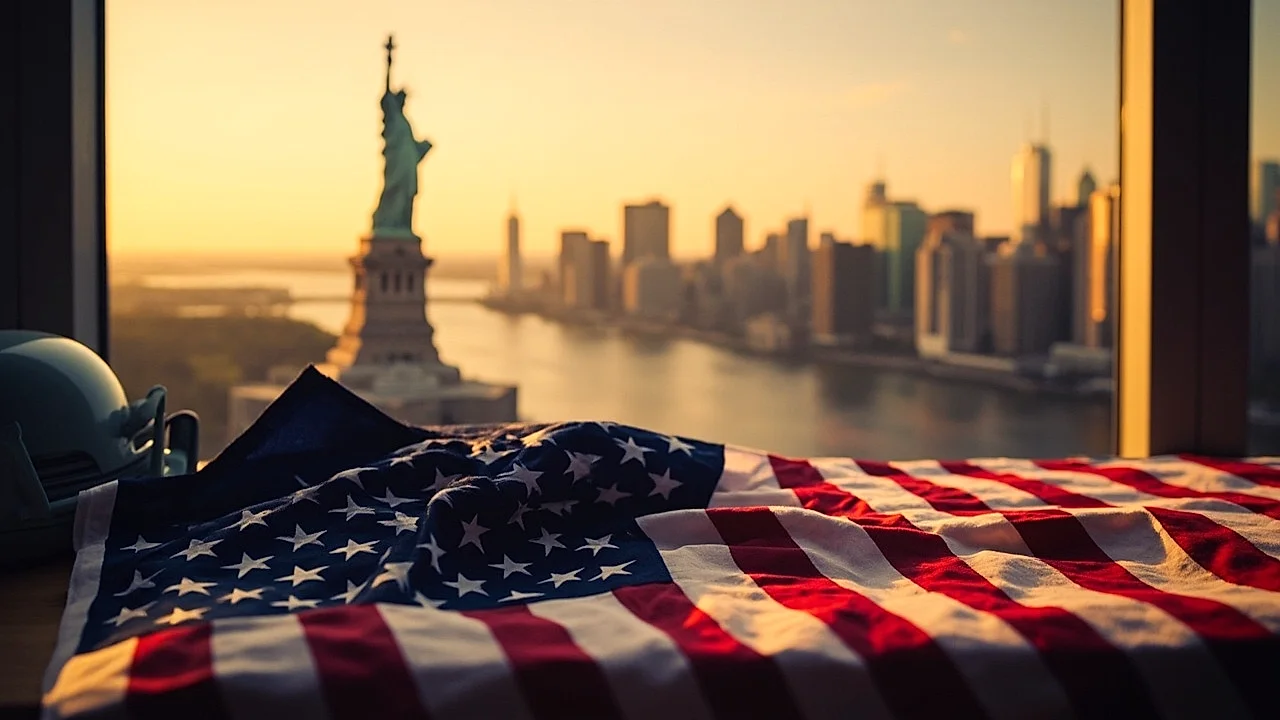Estados Unidos: bandera texturizada y skyline icónico (NYC o similar) al fondo