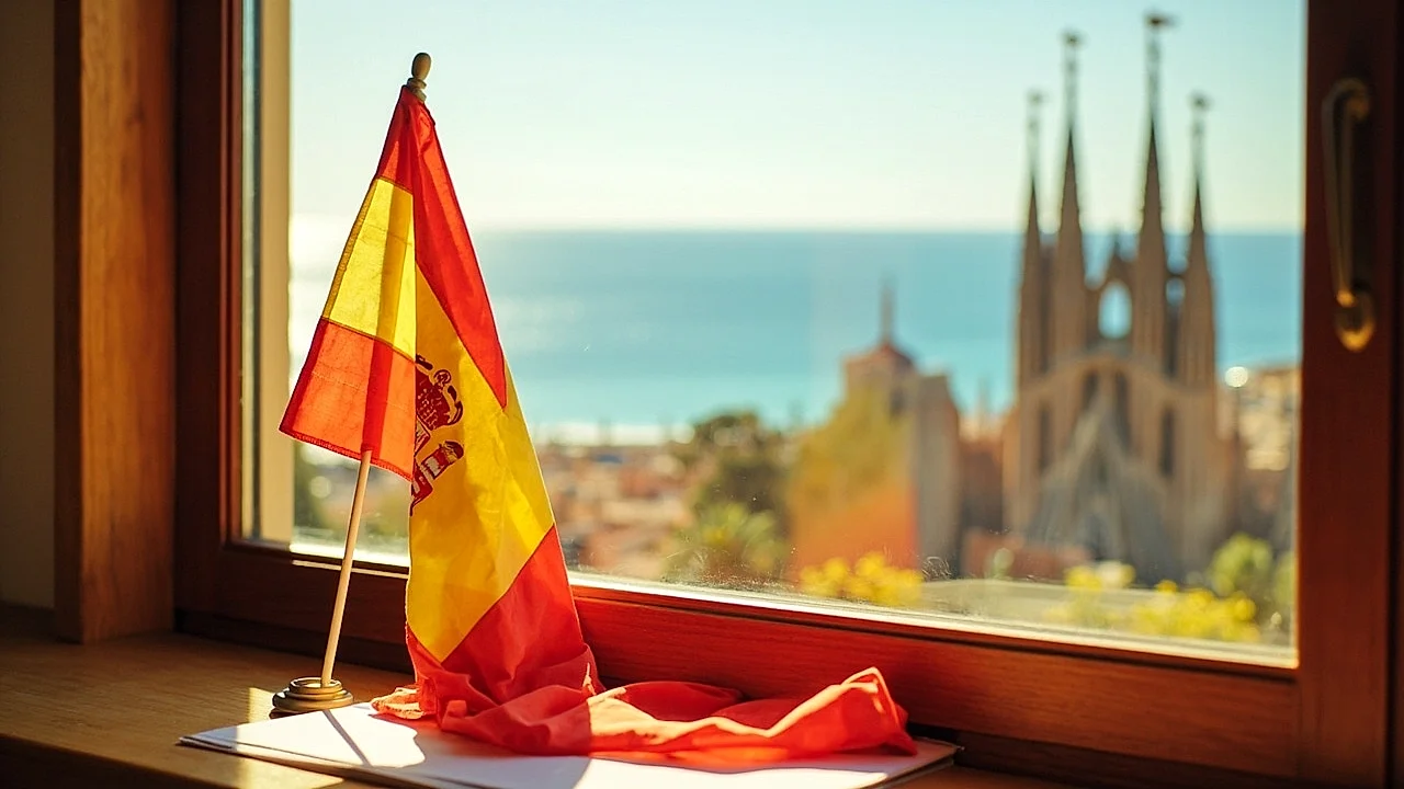 España: bandera texturizada y un ícono urbano/costero al fondo