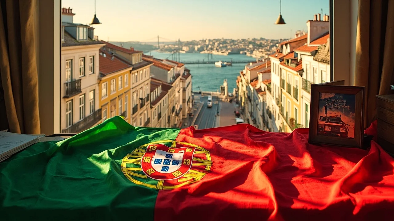 Portugal: bandera texturizada y un ícono de Lisboa/Oporto al fondo