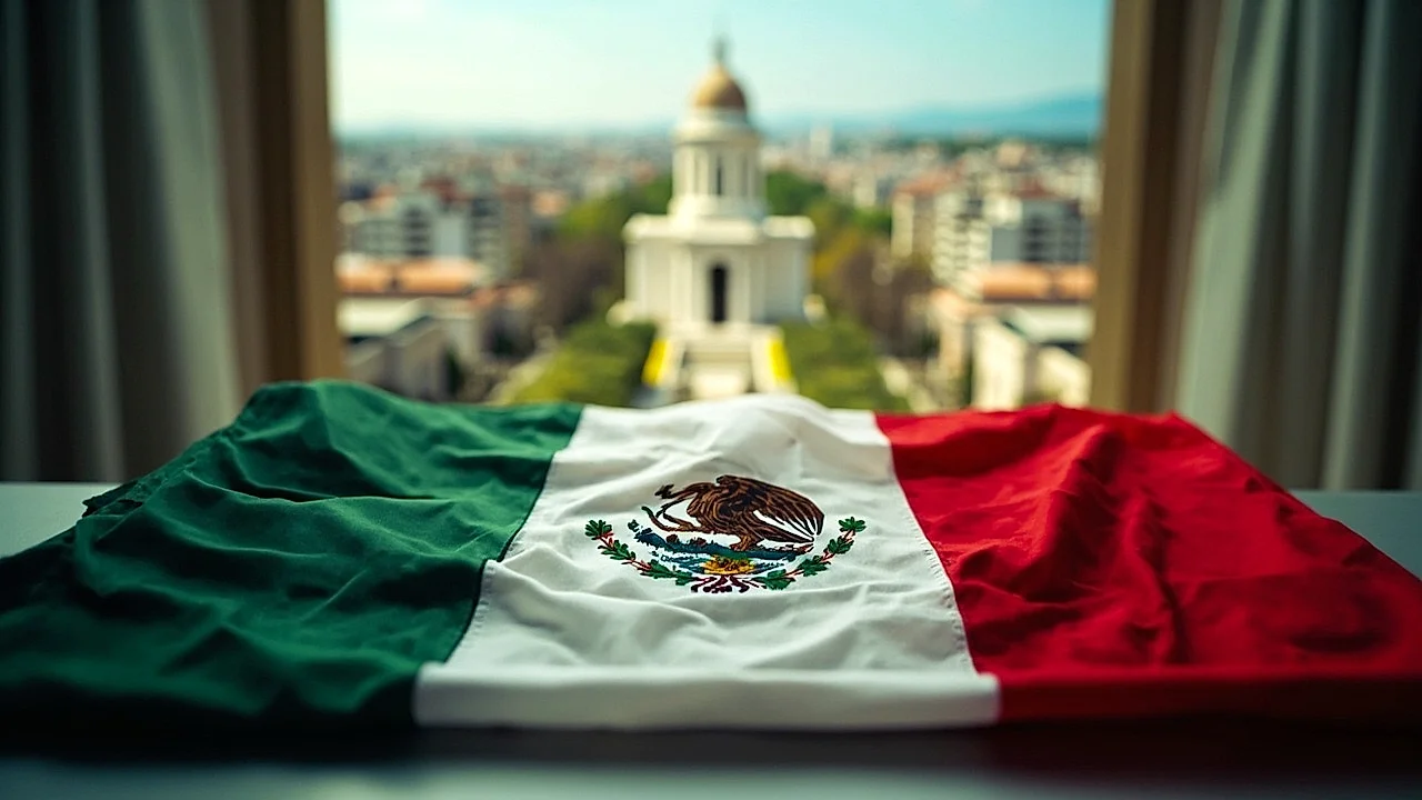 México: bandera texturizada y un ícono urbano/cultural al fondo