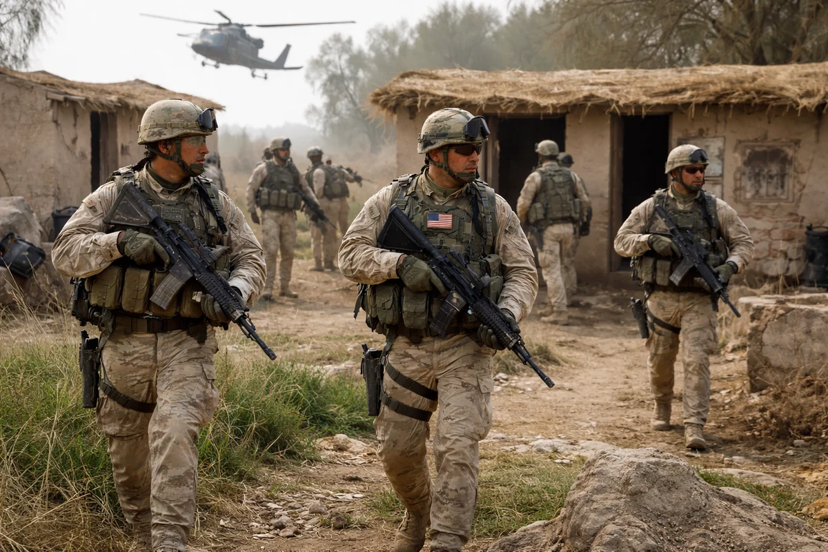 Fuerzas estadounidenses asegurando una zona rural en Irak durante la Operación Red Dawn (2003)